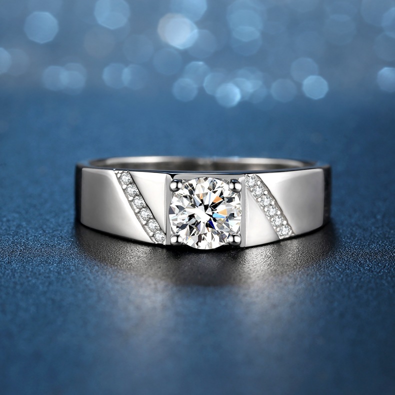 Moissanite Wedding Rings: 1CT Round Cut Sterg Sier, Male Engagement Band