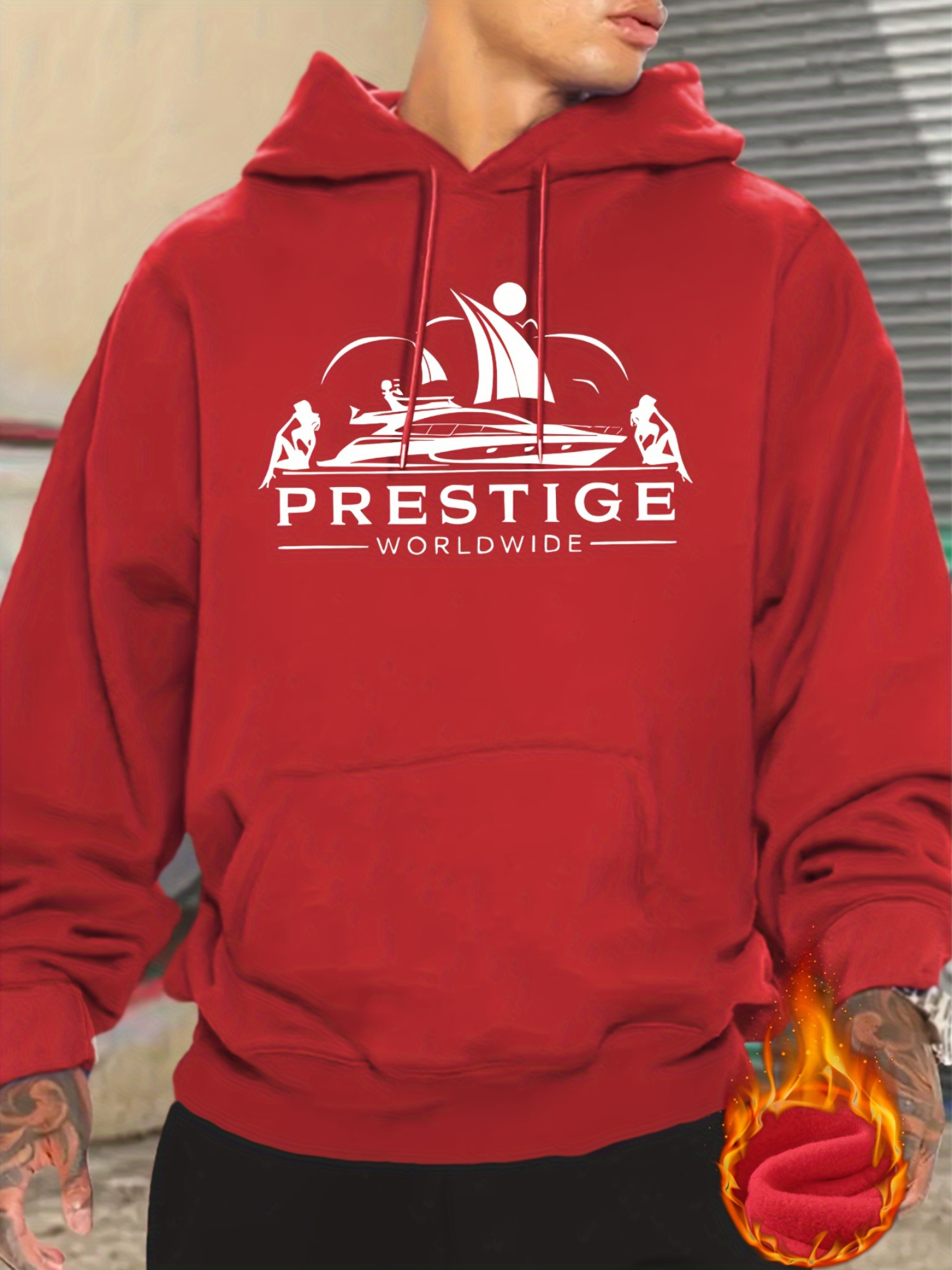 Men's Prestige Worldwide Yacht Graphic Hoodie - Casual Polyester 100% Hooded Sweatshirt with Slight Stretch, Regular Fit Knit Fabric Long Sleeve 