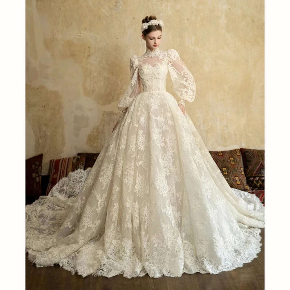 A Elegant E Lace Wedding Dress With High Neck Lantern Sleeves Bridal Gown Custom Made Princess Bride Marriage Women Clothing 6660311