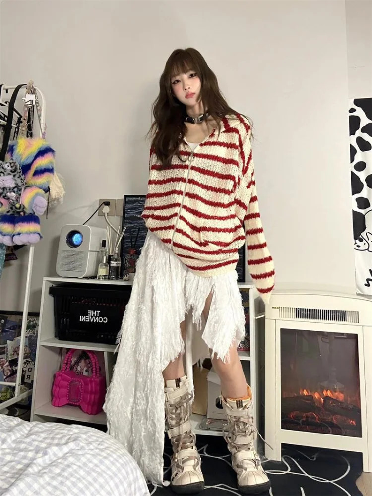 American hooded womens autumn and winter rabbit ear hollow jacket loose cardigan wool sweater 241007