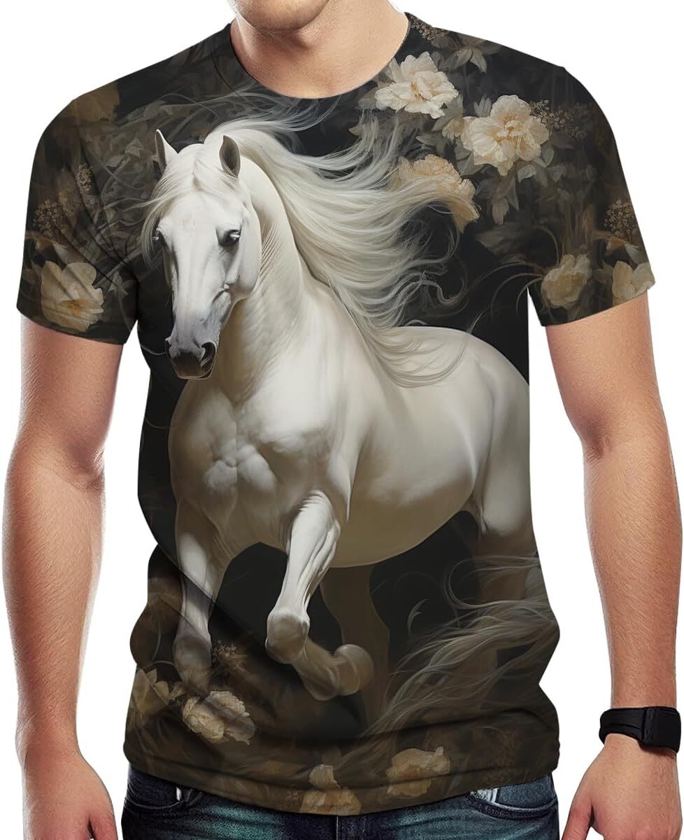 Mens T shirt Hand Painted Watercolor White Horse Shirt Adult Beautiful Horse Pattern Summer Short Sleeved T-Shirt graphic tee Casual tops summer cool