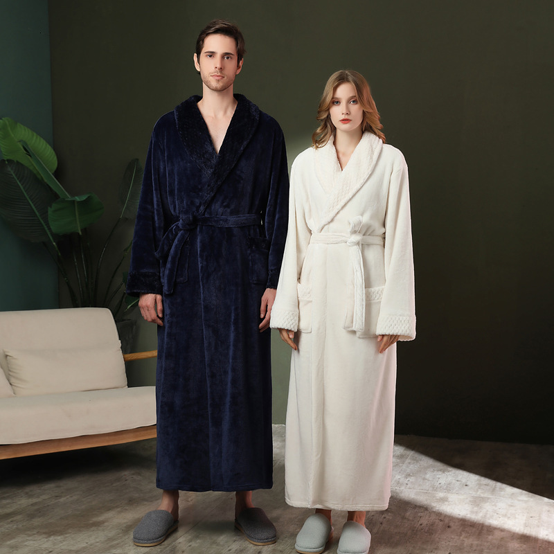Designer's Winter Sleeping Flannel Couple Nightgown, Thickened Lengthened Men's Plus Size Bathrobe, Long And Simple Sleepwear For Women
