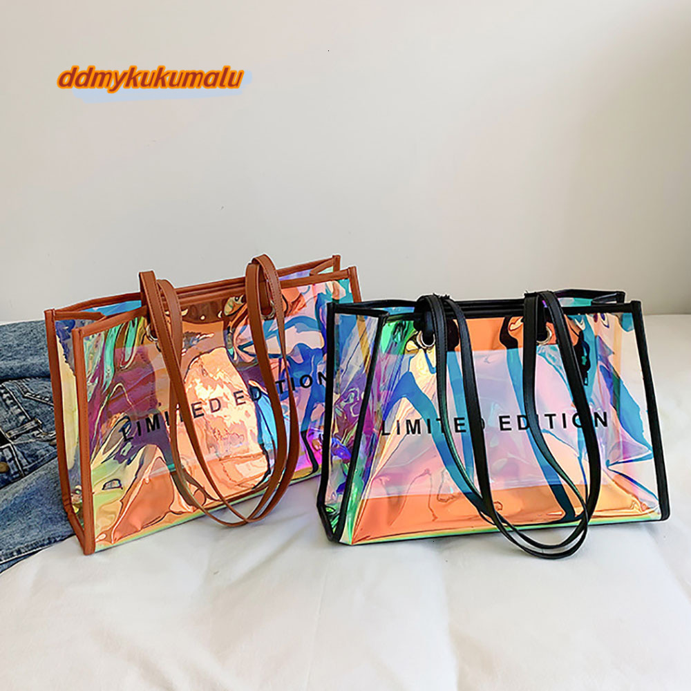 Fashion Women Clear Tote PVC Laser Waterproof Transparent Handbags Large Capacity Shoulder Bag Summer Beach Portable Bags H7.6#26 ddmykukumalu