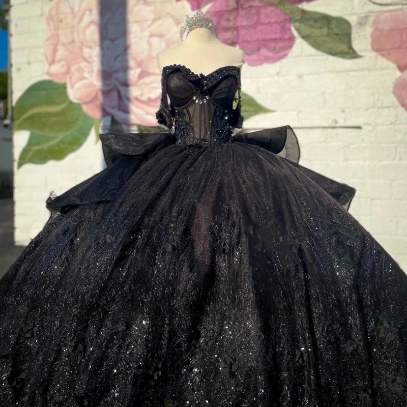 Luxury Black Crystals Ball Gown Quinceanera Dresses Appliques Lace Off The Shoulder Beads Sweet 16 Dress Vestidos De 15 Anos
