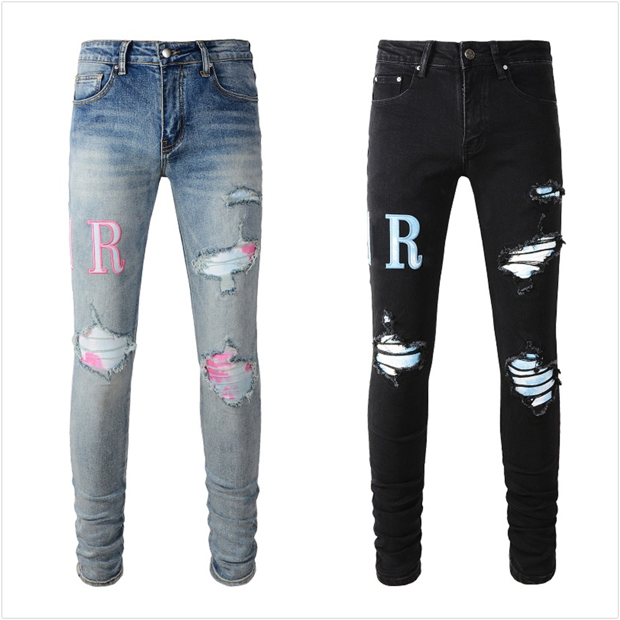 jeans for mens designer jeans men skinny pants Elastic fabric long skinny button fiy hole pattern ripped embroidery us size 28-40
