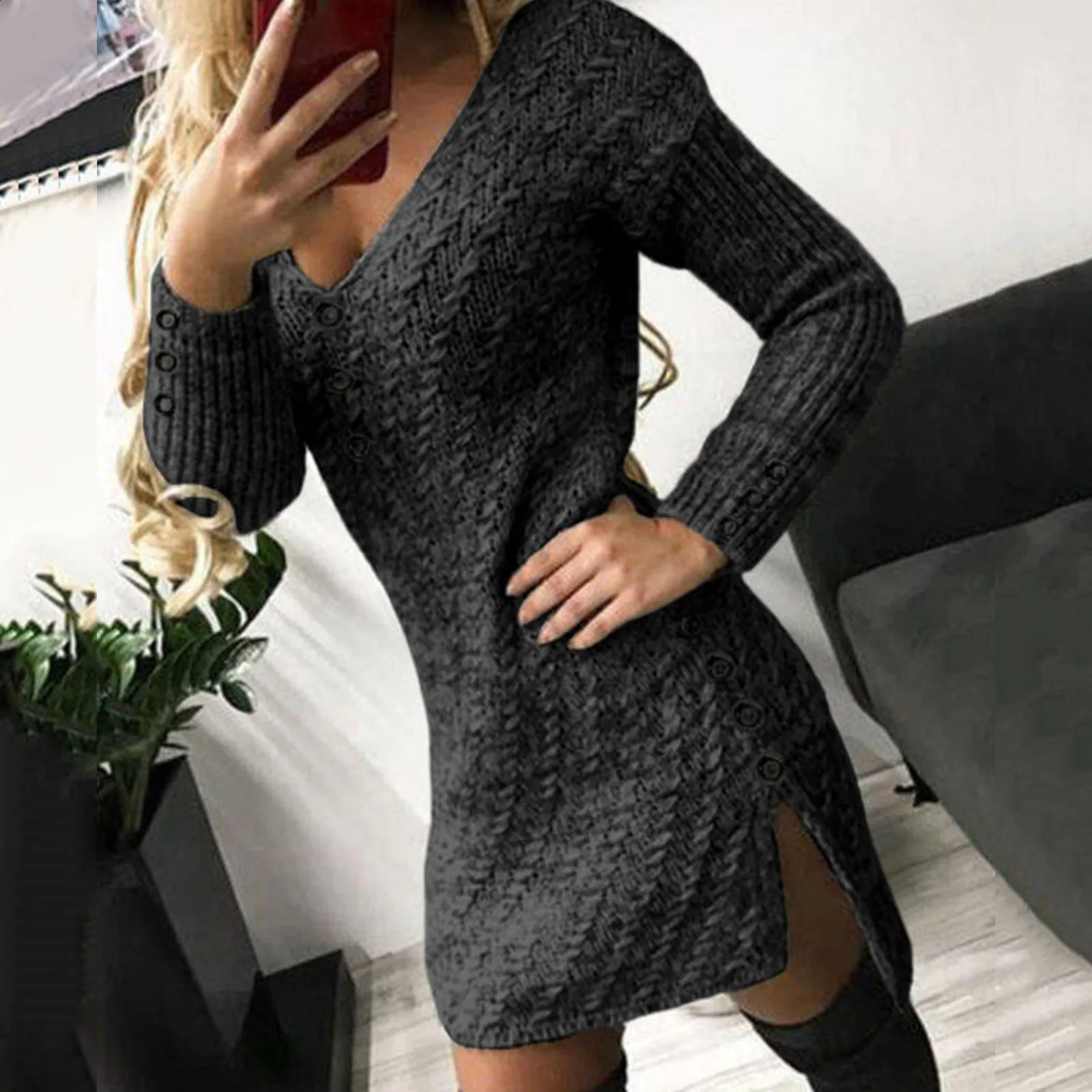 Womens Winter Sweater Dress Fashion Knitted Long Sleeve Floral Autumn Casual Top 241007