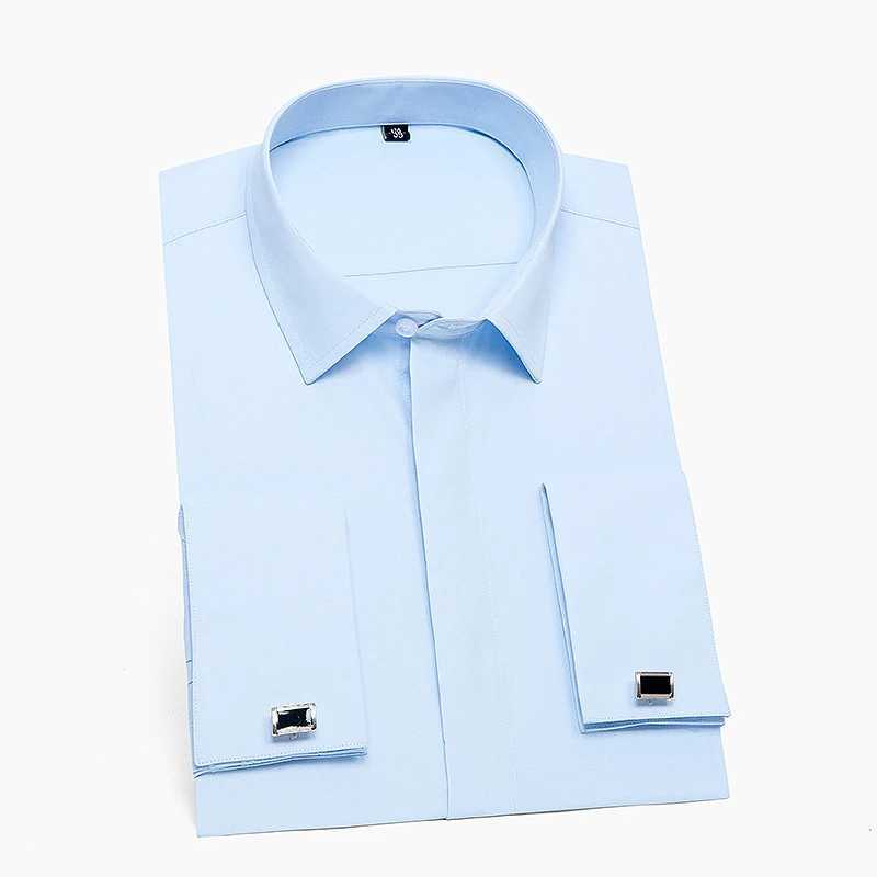 Mens classic French cuffed dress with long sleeves and no pockets tailcoat mens shirt with cufflinks formal party wedding white and blue X241007
