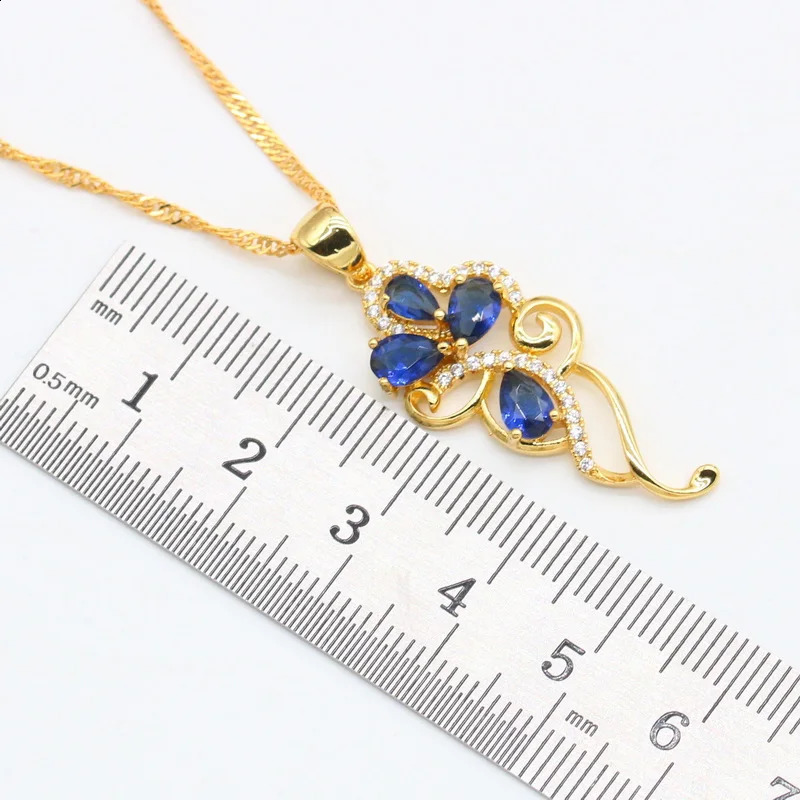 Flower blue sapphire 18K gold-plated jewelry set suitable for womens earrings necklaces rings birthday gifts 240924