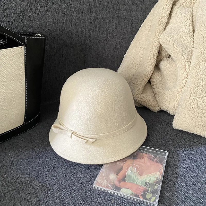 2024 Autumn Spring Fedoras Women Hat Elegant Vintage Bowknot Wool Ladies Hat Dome Felt Wedding Church Jazz Cap Female Bow Bowler 240930