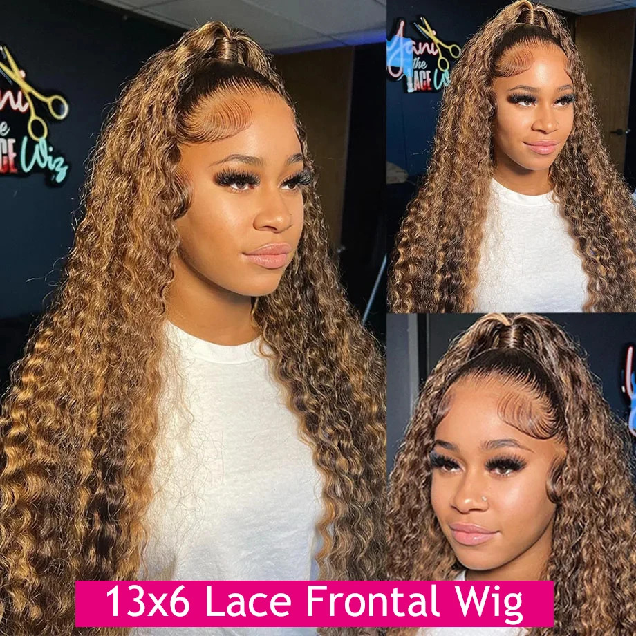 13X6 Curly Wigs Glueless Honey Blonde Water Front Highlight Deep Wave Frontal 6X4 HD Lace Closure Wig