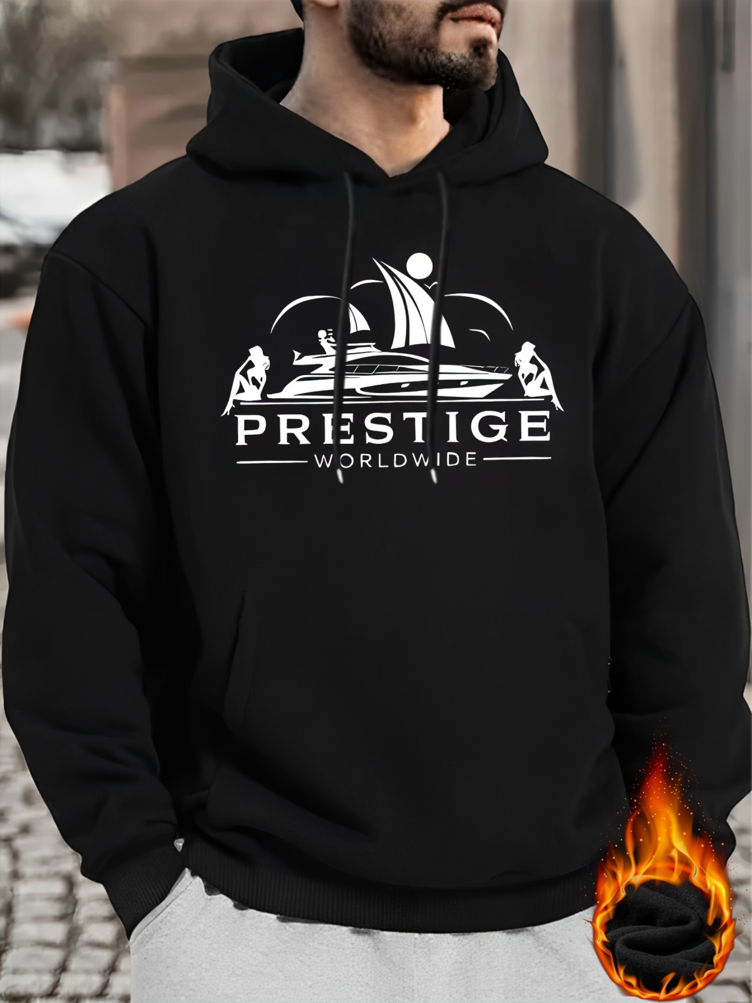 Men's Prestige Worldwide Yacht Graphic Hoodie - Casual Polyester 100% Hooded Sweatshirt with Slight Stretch, Regular Fit Knit Fabric Long Sleeve 