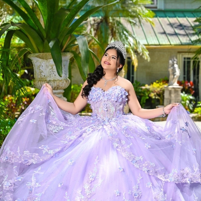 Lavender Lilac Off The Shoulder Quinceanera Dresses Birthday Party Lace Applique Beading Tull Mexican Sweet 16 Dress Vestidos De XV 15 Anos