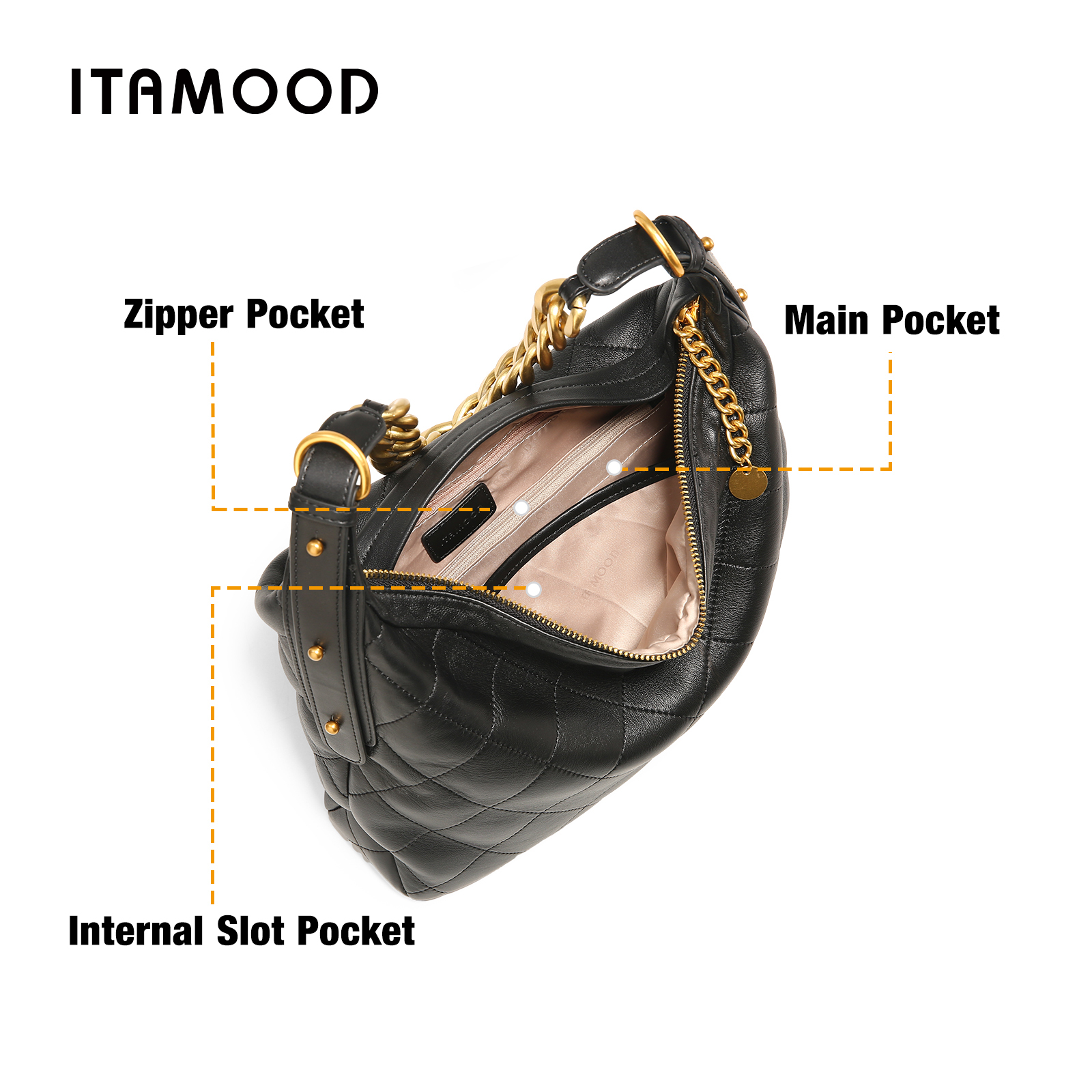 ITAMOOD Genuine Leather Shoulder Branded And Quilted Tote Bag With Gold Color Chain Strap Large Capacity Handbag