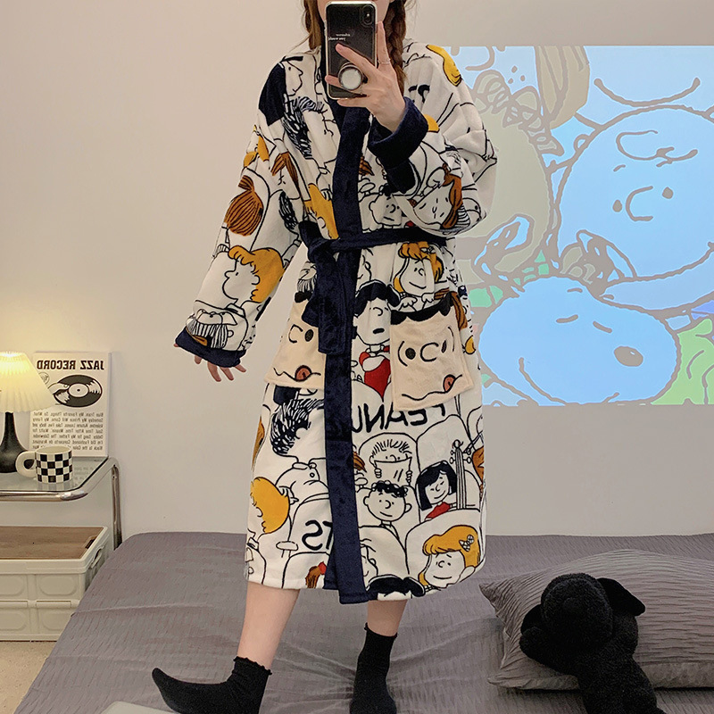 Designer Couple Nightgown Autumn And Winter Women's Sleepwear Thickened Coral Fleece 2024 New Cartoon Bathrobe Men's Home Wear