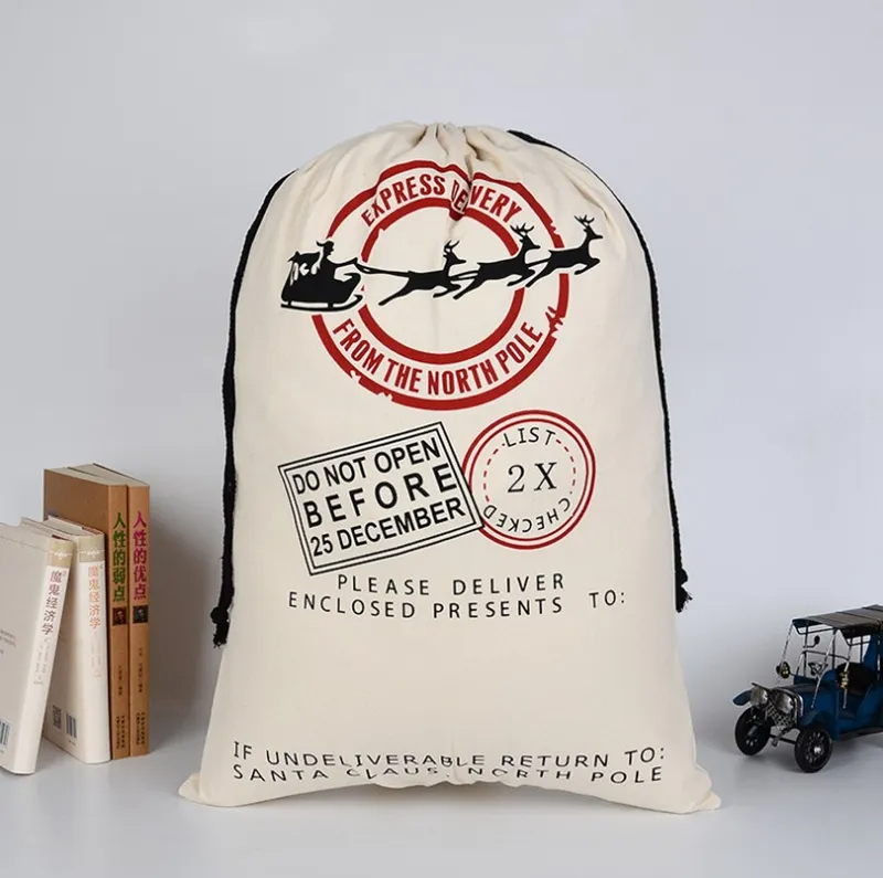 Christmas Decorations Santa Sack Drawstring Bag Gift Bags Large Heavy Canvas Bag With Reindeers Santa Claus Sack Bags Candy Bags for kids WLL