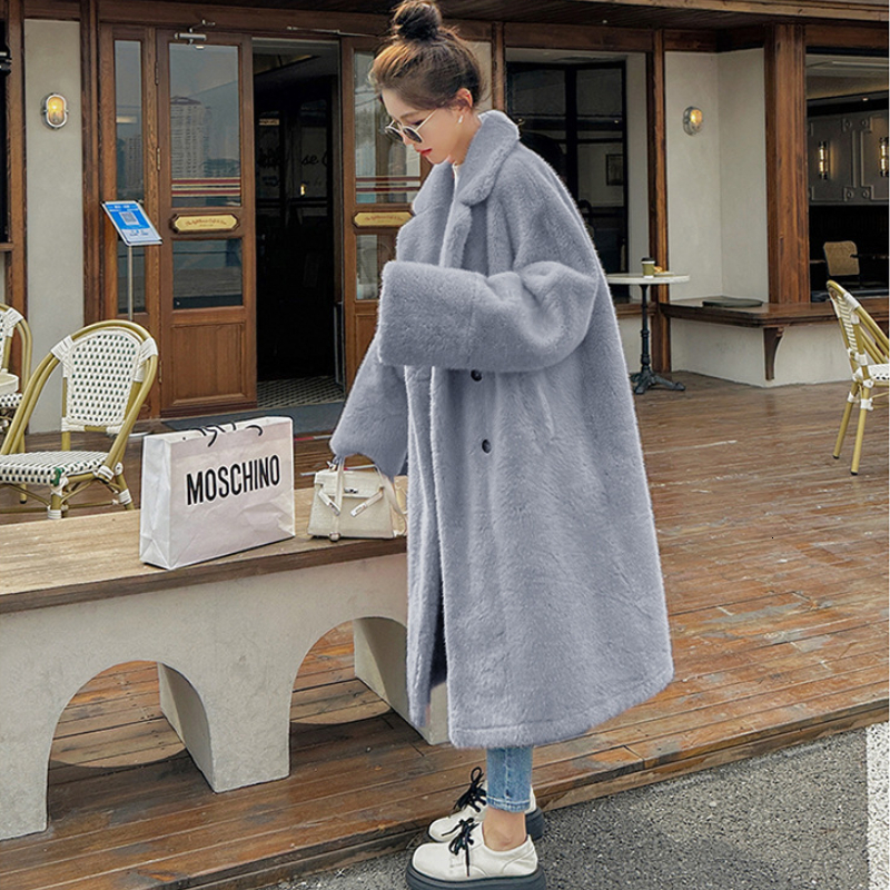 Raglan Sleeve Faux Fur Coat Women Winter Blazer Lapel Fluffy Teddy Female Double Breasted Long Plush Jacket Elegant 4Xl