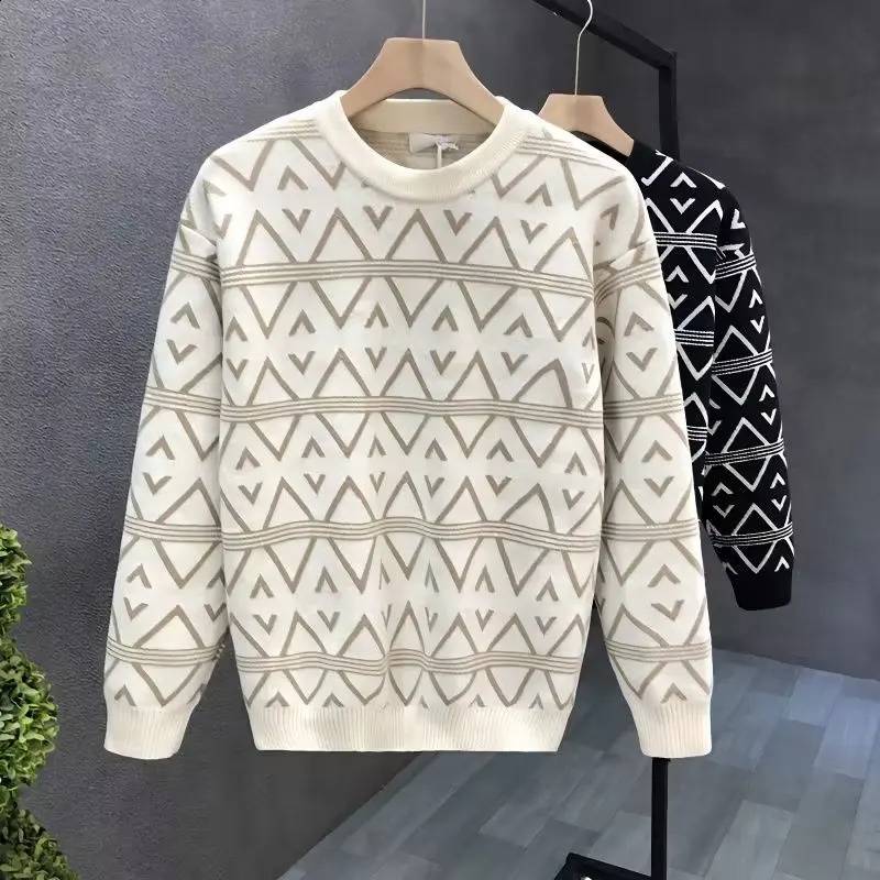 Autumn Winter Mens Sweater High Quality Knitted Geometric O Neck Japan Harajuku Street Slim Fit Top Clothing 240930