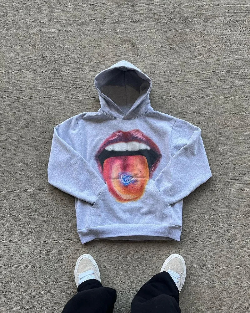American High Street Retro Big Mouth Anime Print Oversized Hoodie Men Y2k Harajuku Fashion Hip-hop Rock Loose Pullover Women 241007