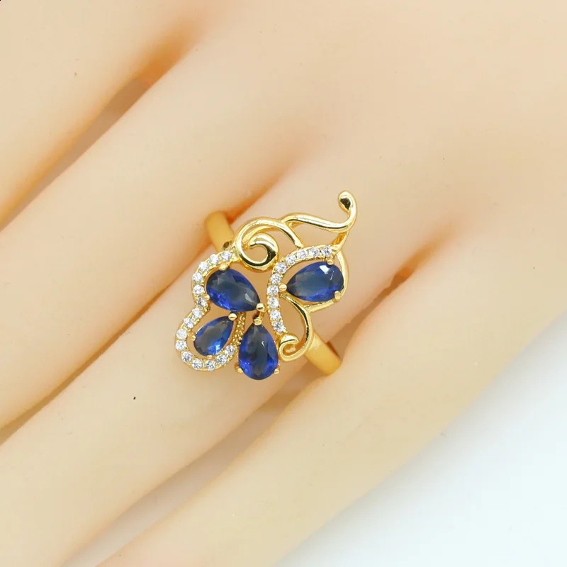 Flower blue sapphire 18K gold-plated jewelry set suitable for womens earrings necklaces rings birthday gifts 240924