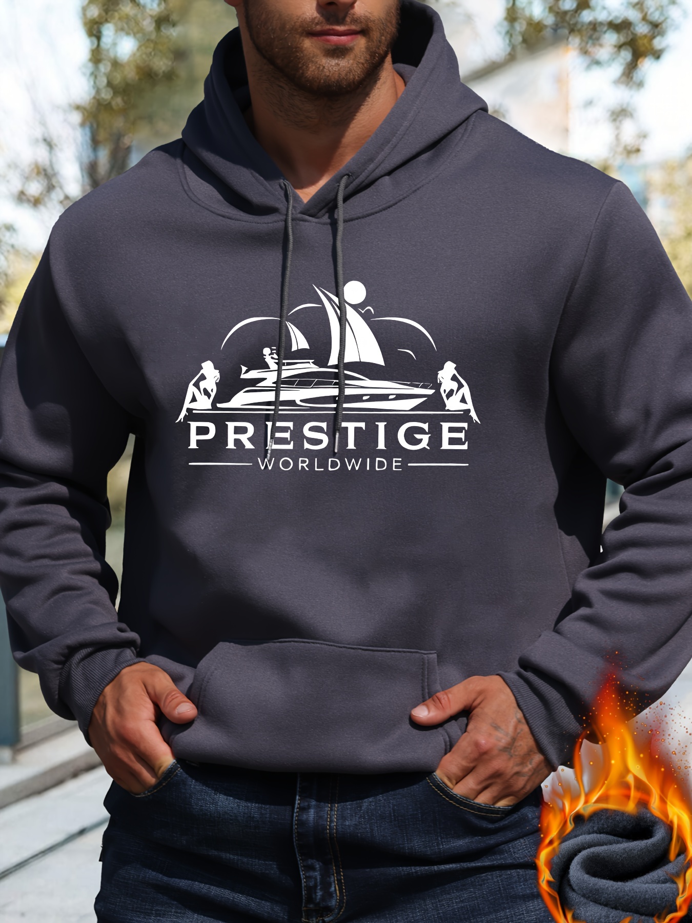 Men's Prestige Worldwide Yacht Graphic Hoodie - Casual Polyester 100% Hooded Sweatshirt with Slight Stretch, Regular Fit Knit Fabric Long Sleeve 