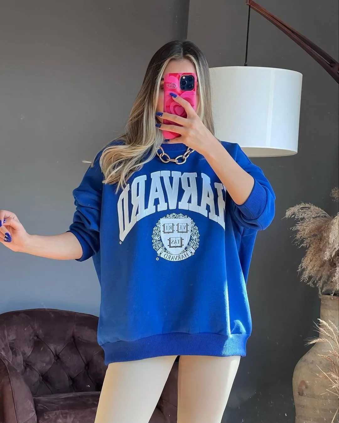 Womens Hoodies Sweatshirts Women Crew Neck Sweatshirt Ladies Harvard Letter Graphic Print Oversized Sweatshirt Crewneck Preppy Cute Loose Jumper Pu Y2