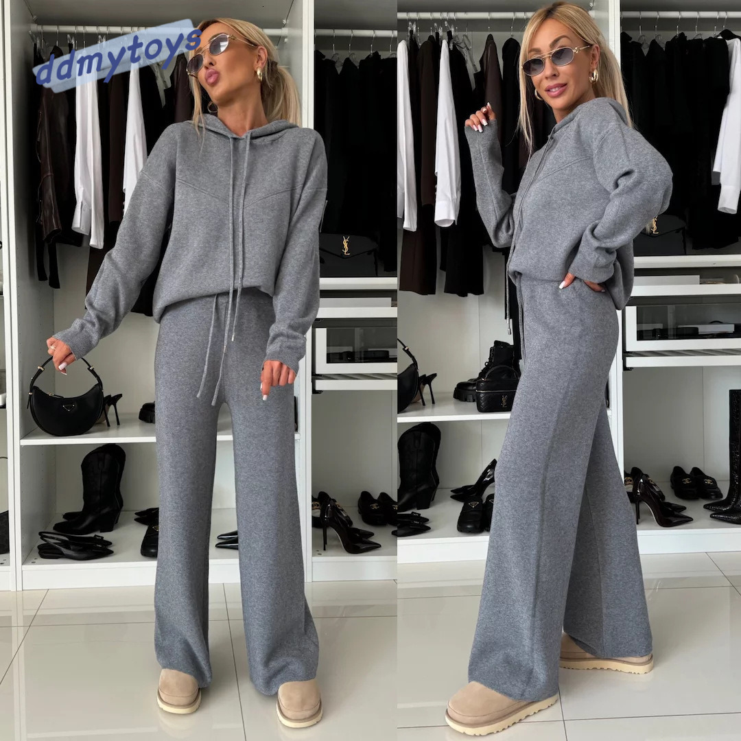 dongdumaoyi Autumn and winter new casual suit women s solid color hooded long sleeved sweatshirt tied rope wide leg pants two piece set F1008#59