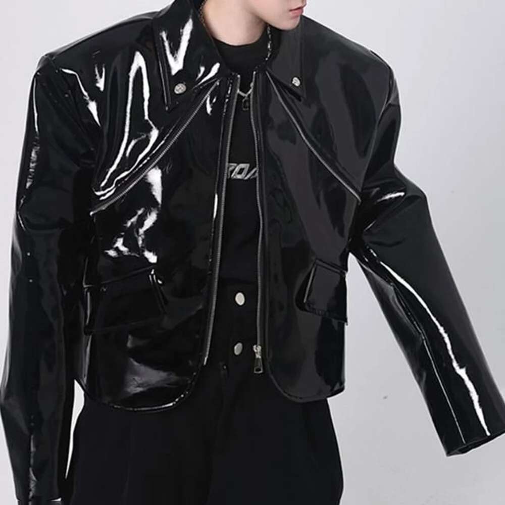 Mens Shiny Handsome Performance Stage Outfit Autumn Elegant British Eent Patent Leather Jacket