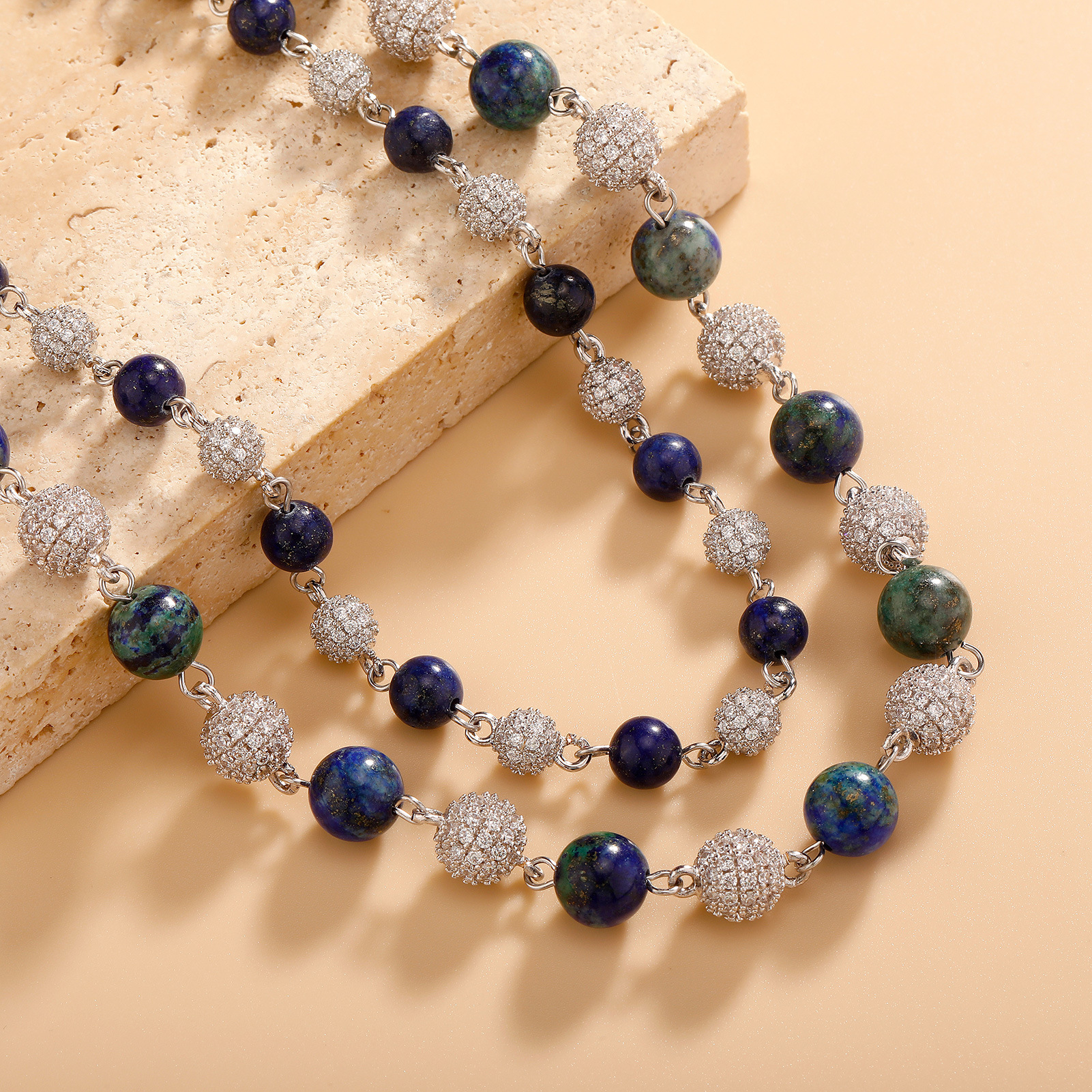 6-8mm Full Set Sparkling Cubic Zirconiaia Lround Beaded Necklace Chain Choker Hip-hop Mens And Womens Blue Green Colorful Stone Gold Plate Jewelry Acc