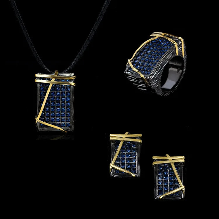 Blue All Diamond Geometric Black Gold Jewelry Set Irregular Texture Jewelry Ring Necklace Stud Earrings Party Jewelry 240924