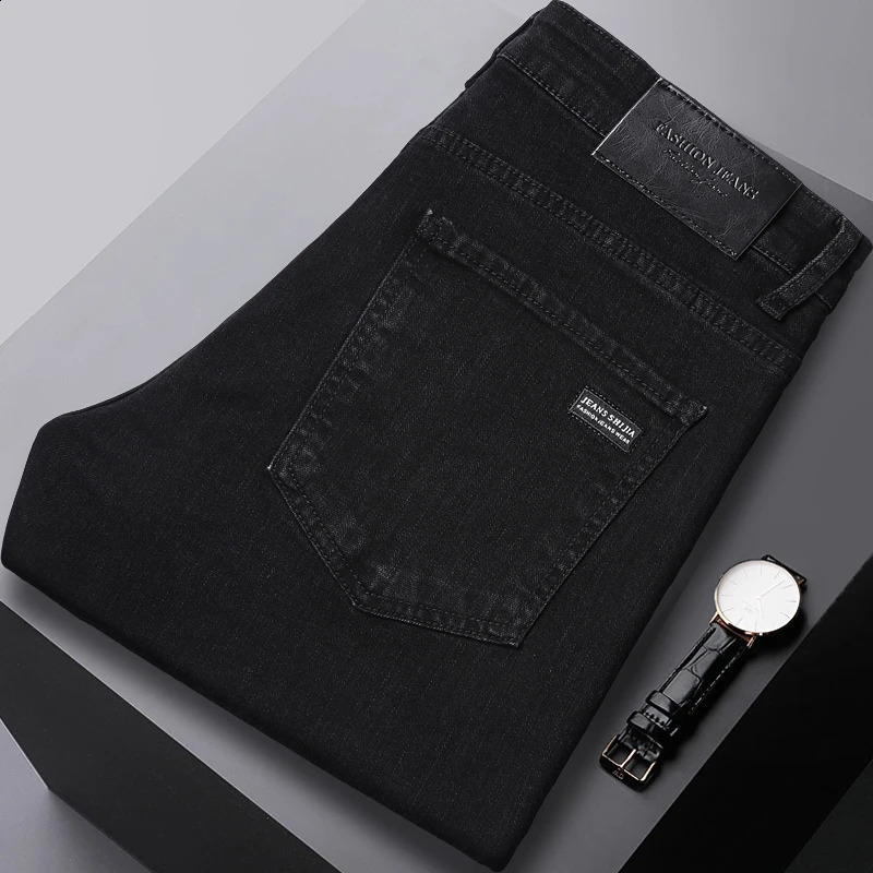 Mens Pure Black Jeans Version Trendy Straight Fit Pants Mens Comfortable Elastic Classic Business Jeans Denim Trousers 241007