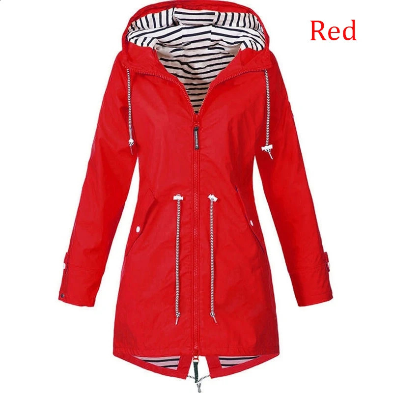 Fashionable womens windproof and waterproof windbreaker long sleeved jacket casual pants zipper hooded raincoat S~5XL 241007
