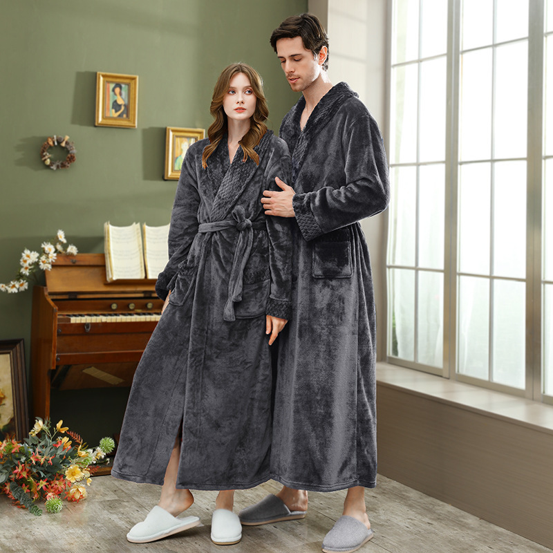 Designer's Winter Sleeping Flannel Couple Nightgown, Thickened Lengthened Men's Plus Size Bathrobe, Long And Simple Sleepwear For Women