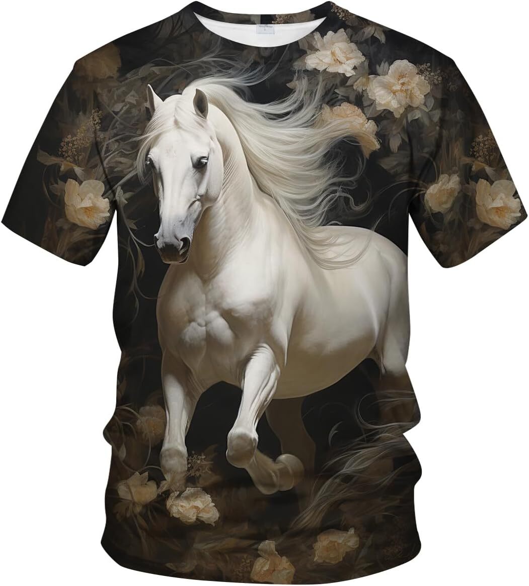 Mens T shirt Hand Painted Watercolor White Horse Shirt Adult Beautiful Horse Pattern Summer Short Sleeved T-Shirt graphic tee Casual tops summer cool