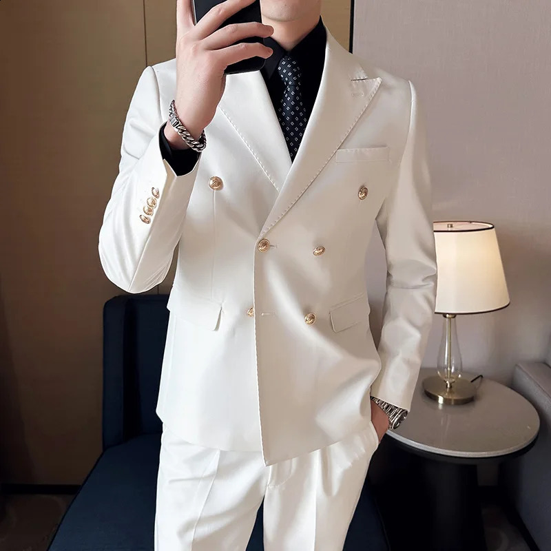 Style PioneerPants Mens Metal Fashion Business Double Layer Korean Leisure Gentleman Wedding Dress 2piece Set 240929