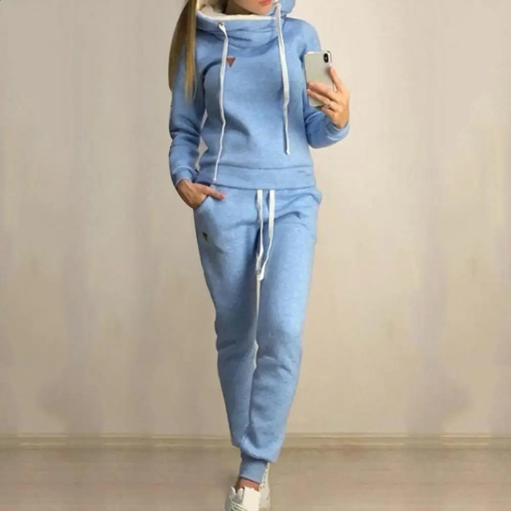 Tracksuit Solid Color Womens 2Pcs Jogging Set Wool Lined Hoodie 241007