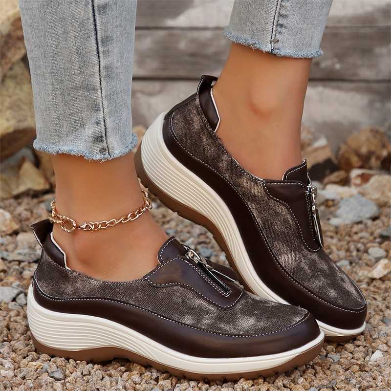 Womens lightweight wedge sports shoes 2024 autumn comfortable casual sports shoes Womens Plus size 43 front zipper platform sports shoes Y241007