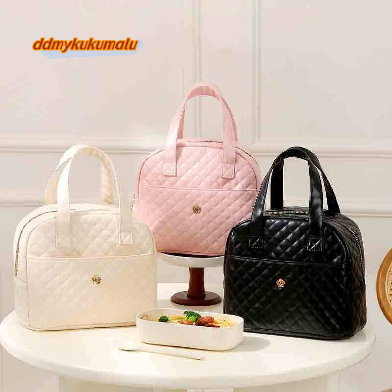 PU Leather Plaid Pattern Lunch Women's Fashion Big Capacity Zipper Portable Thermal Food Bags Picnic Travel Insulation Bag H6.27#18 ddmykukumalu