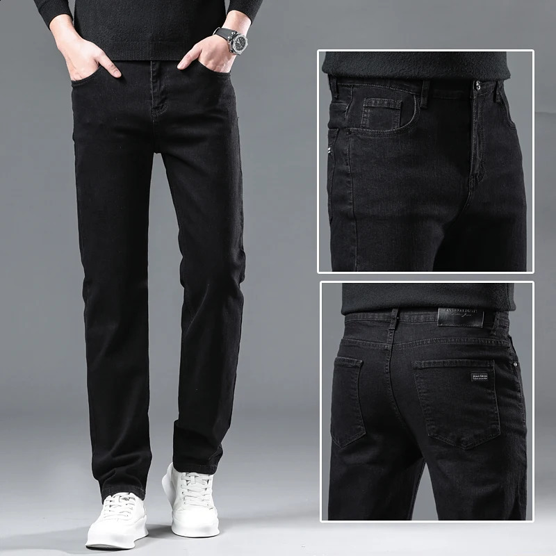 Mens Pure Black Jeans Version Trendy Straight Fit Pants Mens Comfortable Elastic Classic Business Jeans Denim Trousers 241007