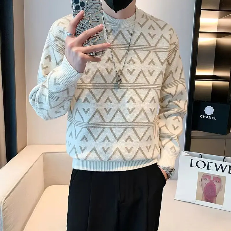 Autumn Winter Mens Sweater High Quality Knitted Geometric O Neck Japan Harajuku Street Slim Fit Top Clothing 240930