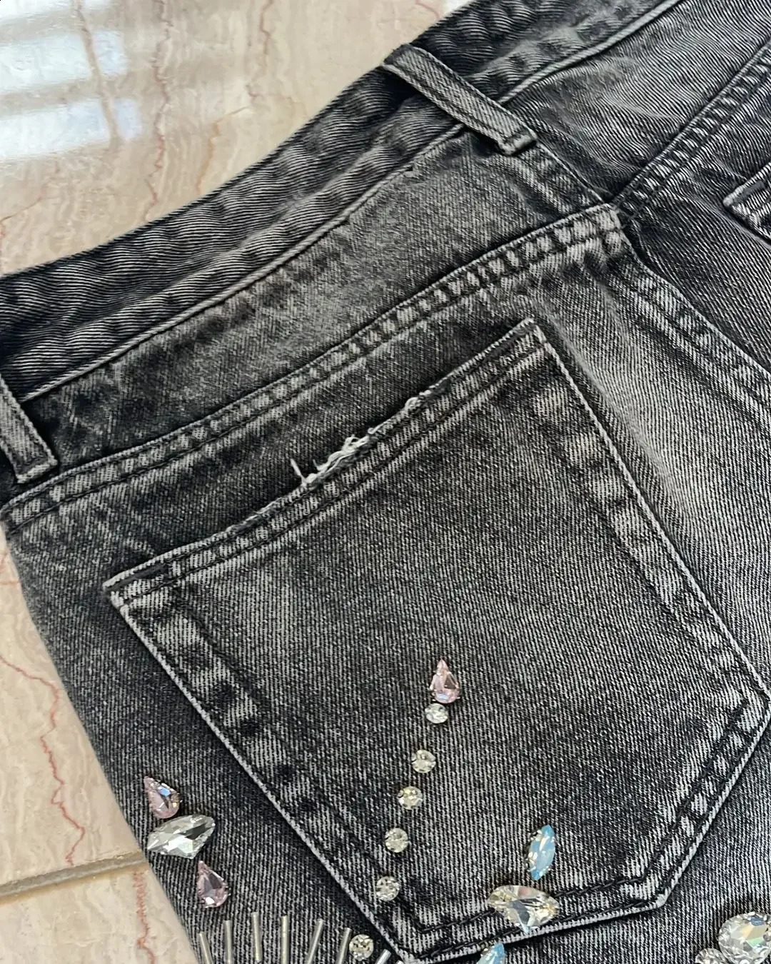 Y2K Korean Gothic Fashion Shorts and Pants Mens Pattern Printed Fashion Diamond High Waist Washed Knee Length Jeans 241007