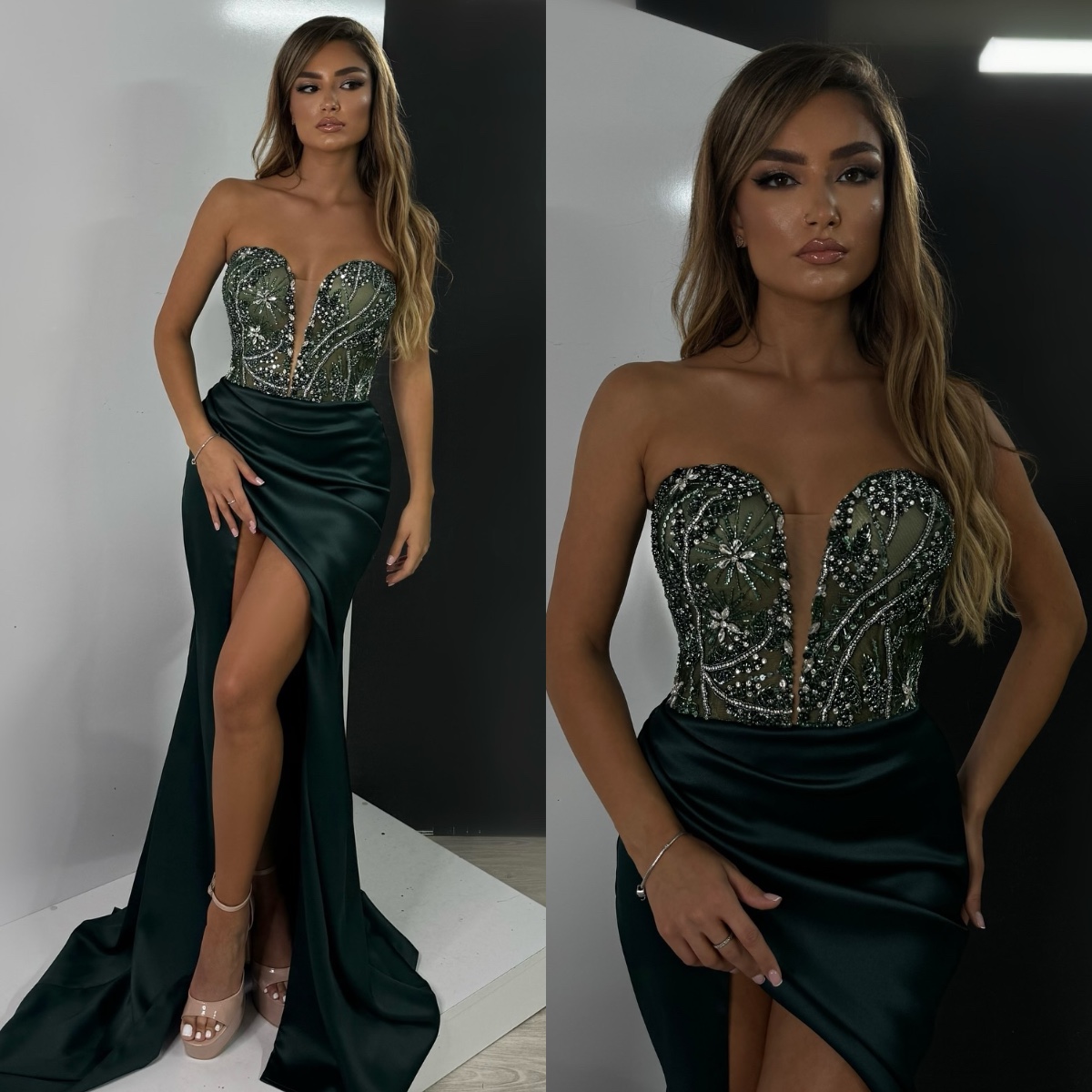 Dark Green Mermaid Prom Sheer Crystal Beaded Sweetheart Satin Evening Dresses Pleats Thigh Split Backless Formal Dress 6660311
