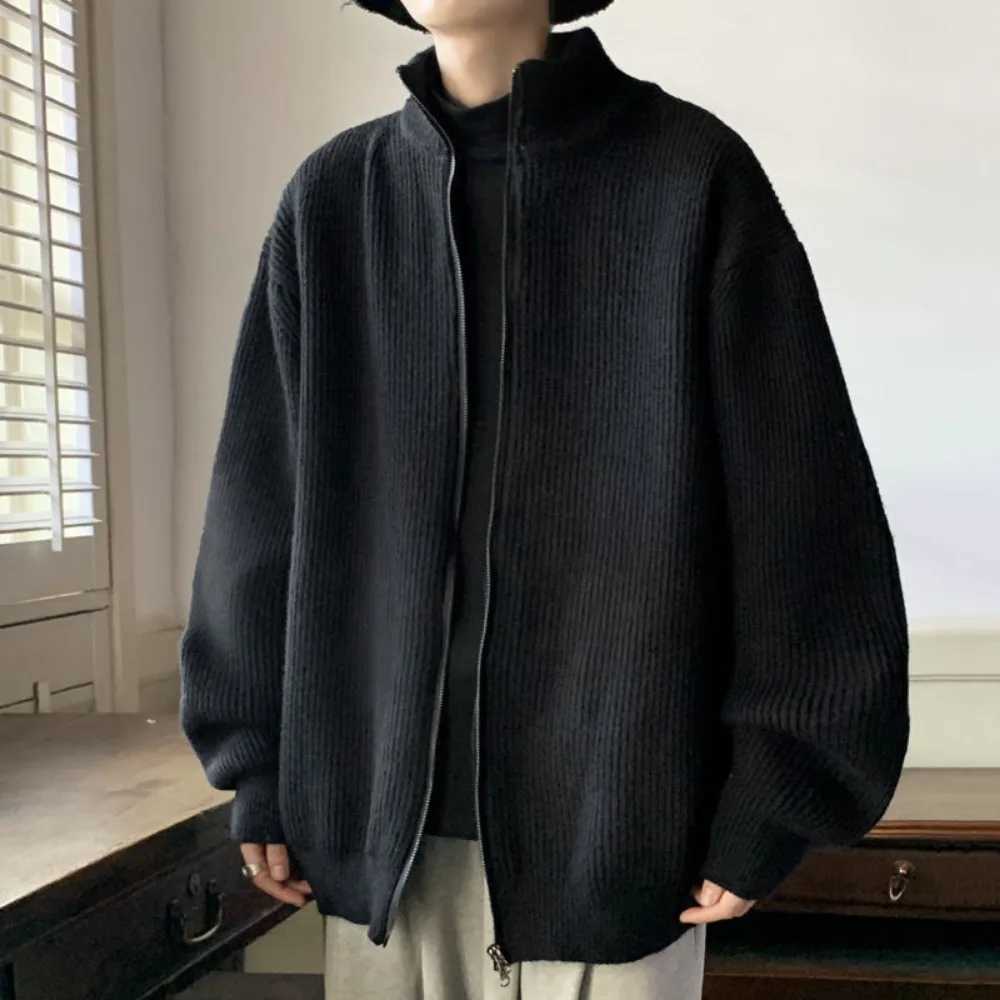 Mens Korean cardigan long sleeved slim fit full zip sweater spring and summer stand collar casual knitted cardigan W241007