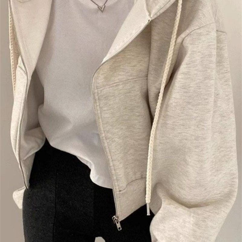 Women Autumn Winter Short Hooded Hoodies Solid Casual Streetwear Zip Up Sweatshirts Long Sleeve Loose Jackets Harajuku Y2K Tops 240930