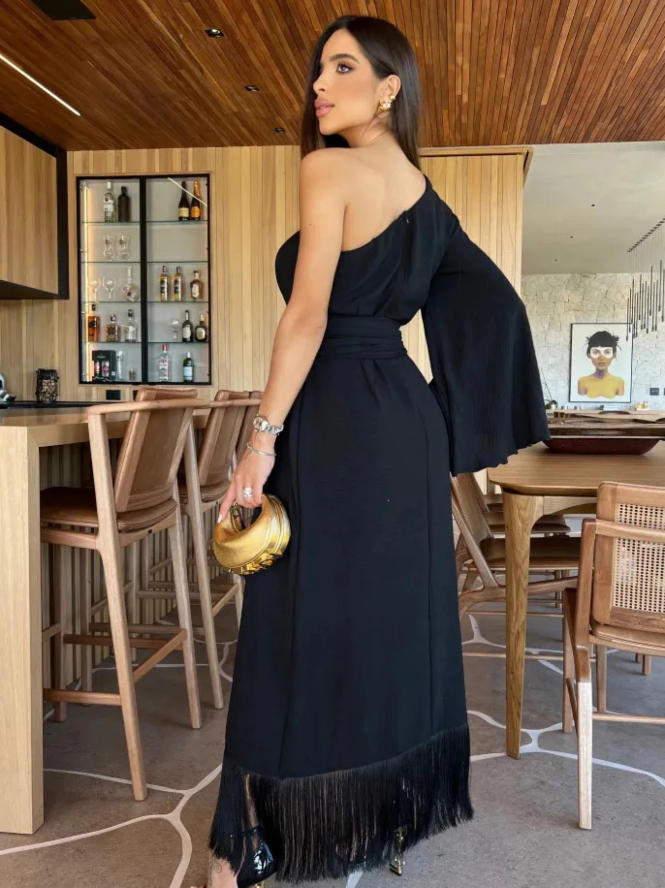 Solid Womens One Shoulder Sexy Long Dress with Ruffles and Fluffy Stiff Swinging Evening 241007