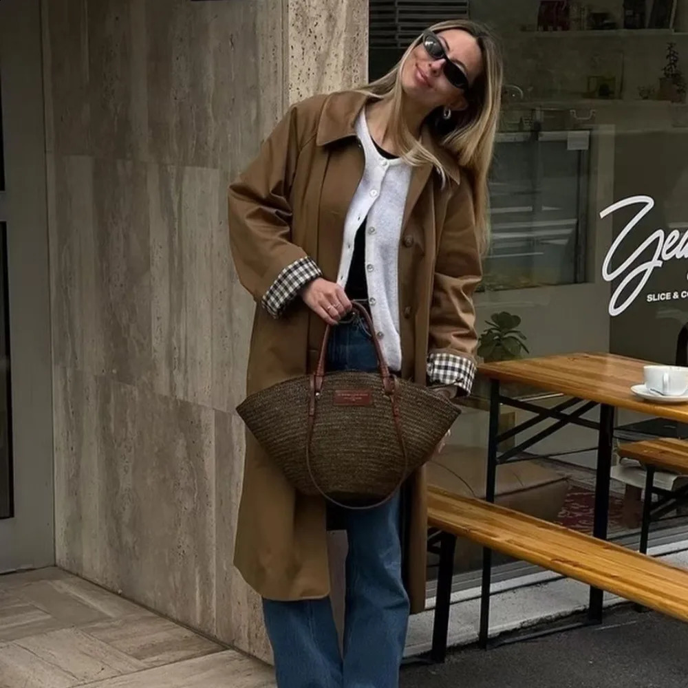 Women Long Trench Coats Elegant Khaki Lapel Single Breasted Casual Jackets Autumn Winter Fashion Plaid Lined Chic Outwear 2024 240930