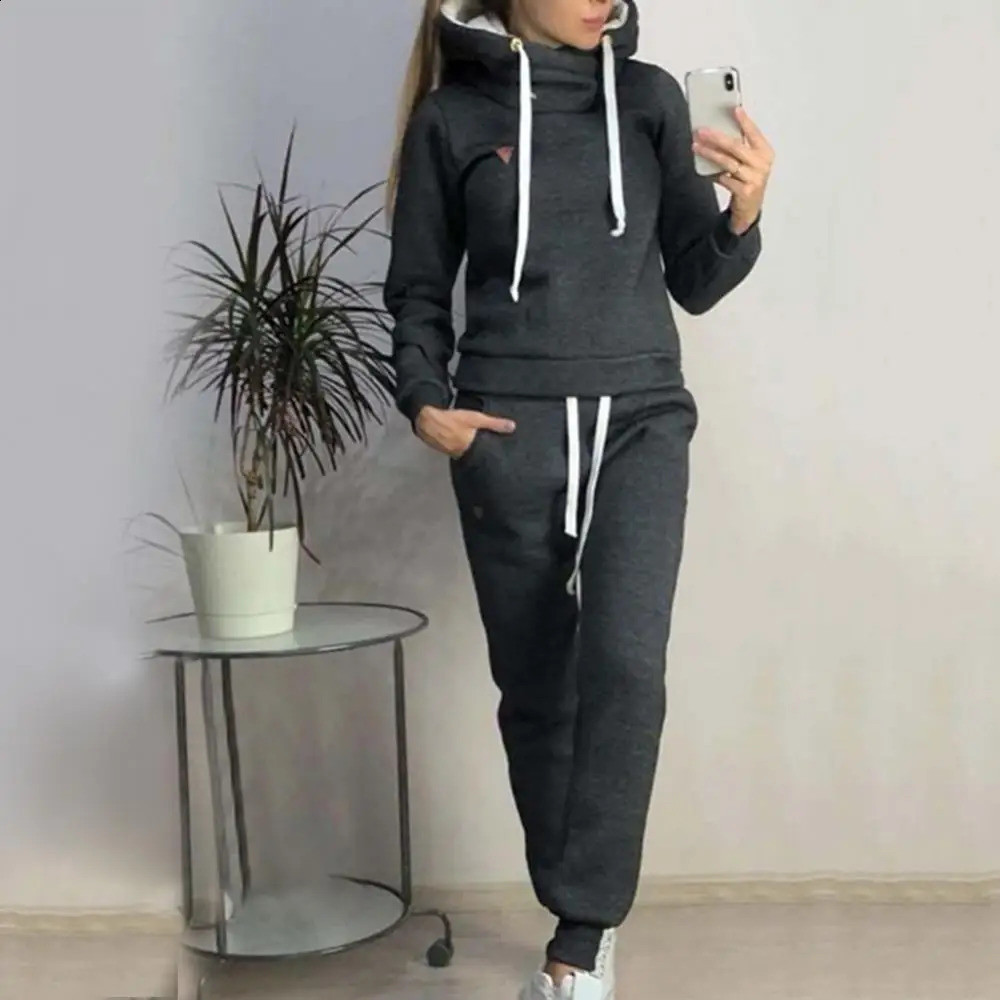 Tracksuit Solid Color Womens 2Pcs Jogging Set Wool Lined Hoodie 241007