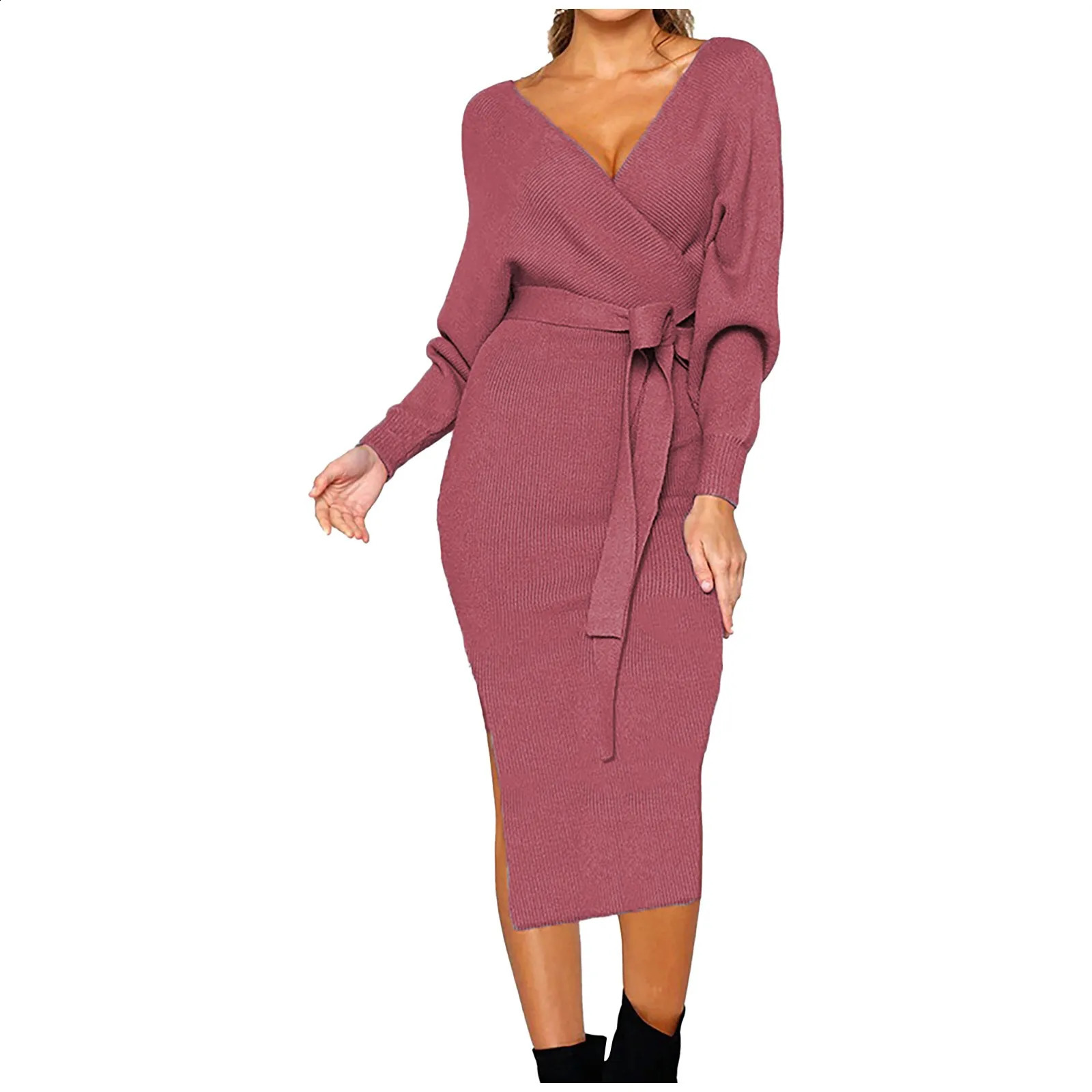 Womens Knitted Sweater Dress Packaging with Tunic Midi Vestitos Long Sleeve Vneck Split Style Casual Autumn Office 241007