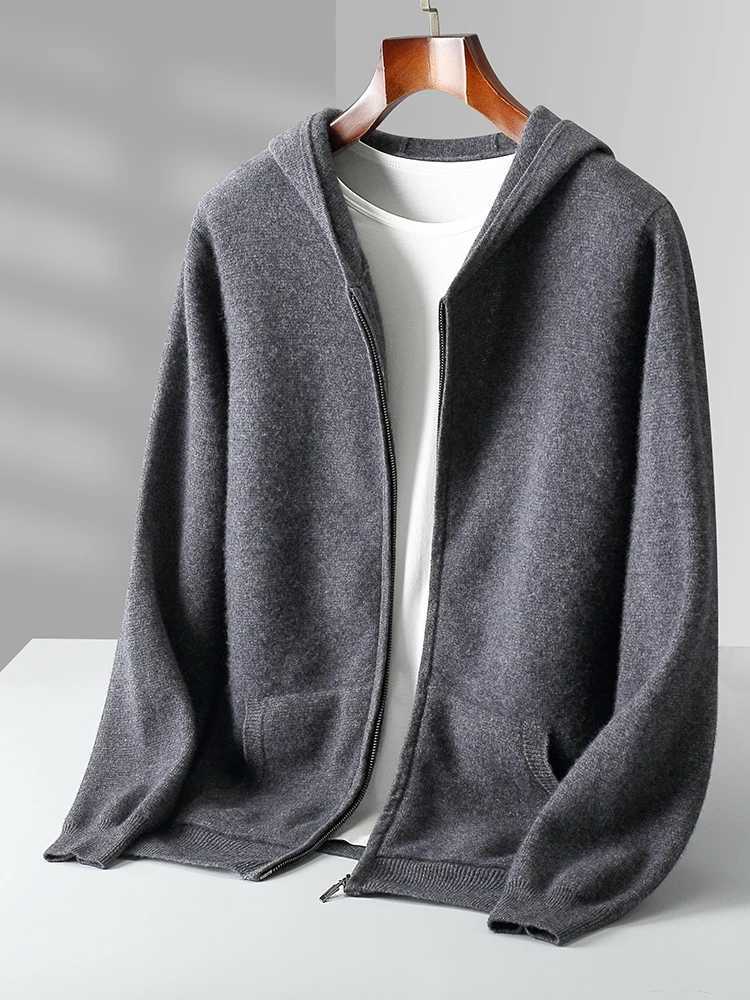 Mens cashmere sweater long sleeved hooded zipper autumn and winter casual loose 100% Merino wool knitted soft and comfortable clothing top W241007