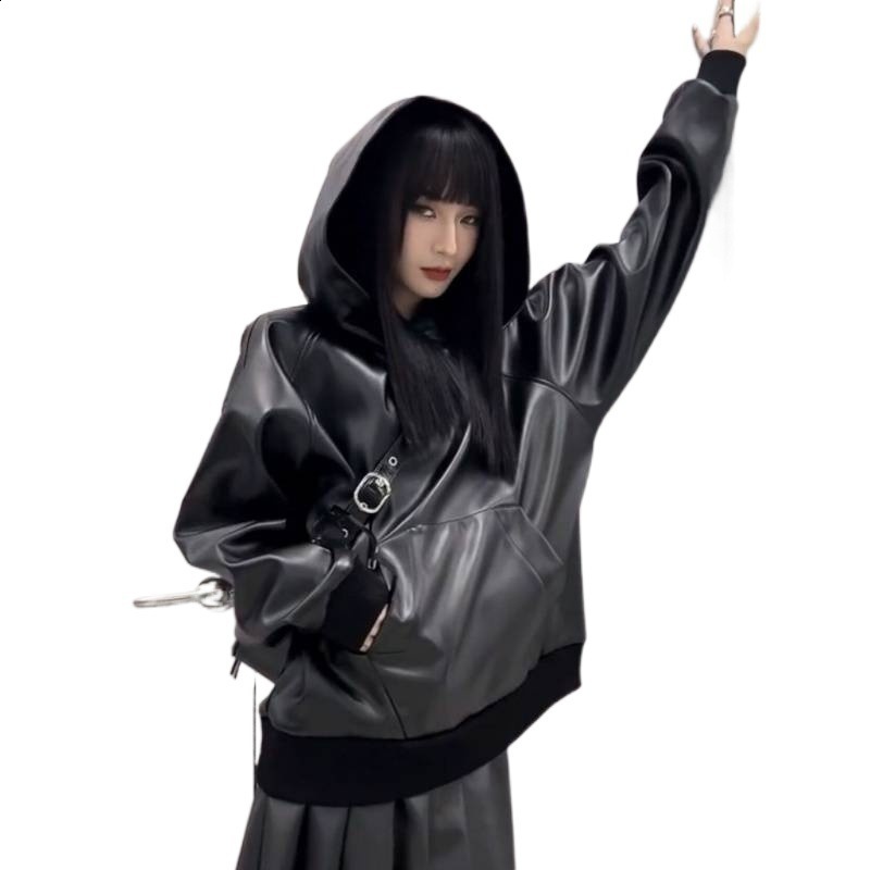 XITAO Letter Plus Size Faux Leather Women Fashion Autumn Pocket Elegant Goddess Fan Hooded Collar Loose Coat ZLL4442 210909