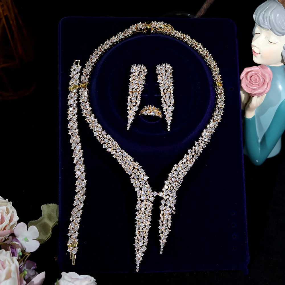 Sparkling Cubic Zirconia Drop Earrings Necklace Heavy Dinner Dubai Nigeria Bridal Wedding 4-piece Jewelry Set X0086 241007